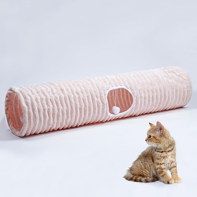 Luxurious Cat Tunnel,43" Straight Cat Tunnel Bed with Balls,Cat Toys for Indoor Cats,Collapsible Peekaboo Cat Cave for Kitten Toys(Pink Stripe)