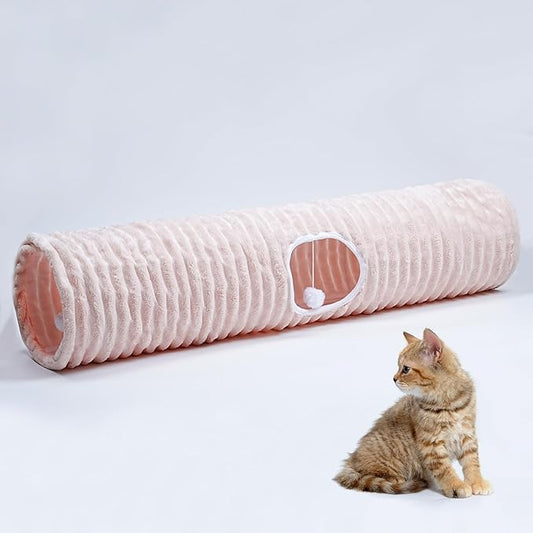 Luxurious Cat Tunnel,43" Straight Cat Tunnel Bed with Balls,Cat Toys for Indoor Cats,Collapsible Peekaboo Cat Cave for Kitten Toys(Pink Stripe)