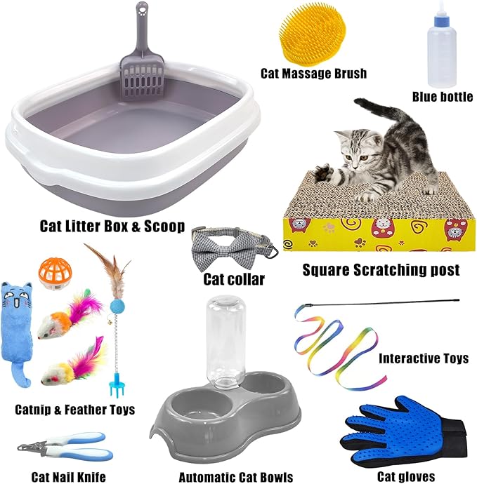 Kitten Starter Kit, 15 Piece Cat Essentials Set Includes Cat Litter Box,Cat Toys, Cat Collars,Cat Scratch Pad, cat Nail File,Automatic Cat Feed Bowls, Pet Grooming Gloves for Cats Daily Life(Gray)