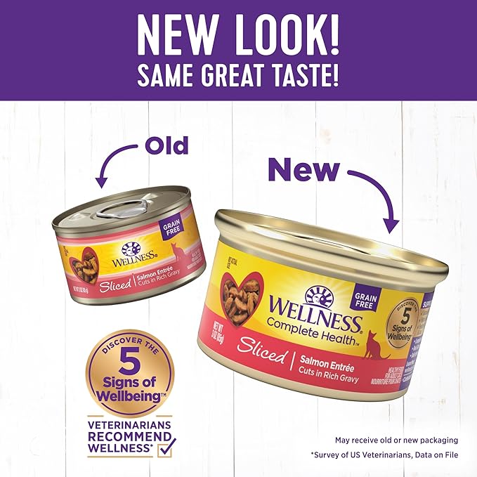 Wellness Complete Health Natural Grain Free Wet Canned Cat Food, Sliced Salmon Entree, 3-Ounce Can (Pack of 24)