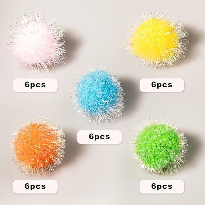 VAPKER 30 Pcs Cat Ball Toys Sparkle Balls Extra Large 2 Inch Cat's Favorite Chase Glitter Ball Glitter Tinsel Pom Poms Balls Assorted Color