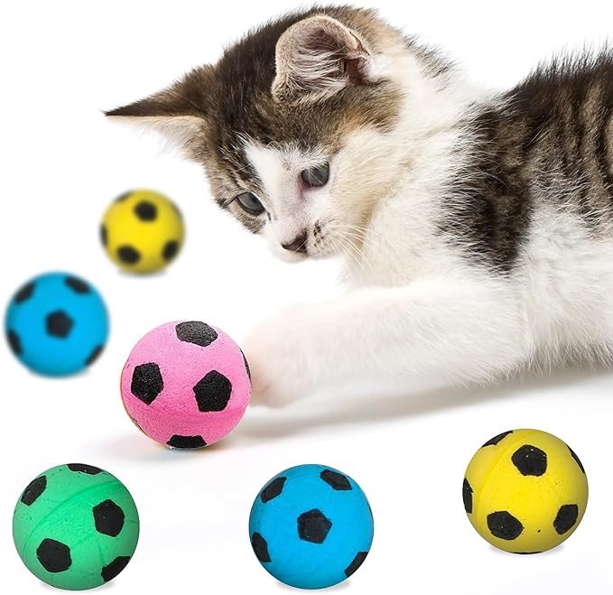 Vila Cat Soccer Balls, Feline Entertainment and Enrichment, Physical, and Mental Workout, Kitty’s Silent Companion, Foam Sponge, Pink, Yellow, Green, Blue, 1.5” -2” (Diameter), 12 Pcs per Pack