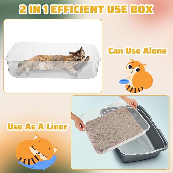 Zubebe 50 Pack Disposable Cat Litter Box for Cats, Large Disposable Kitty Litter Tray Box 19.69 x 15.75 x 3.94 inches Plastic Litter Box Pan Standard for Indoor Home Travel Portable(Clear)
