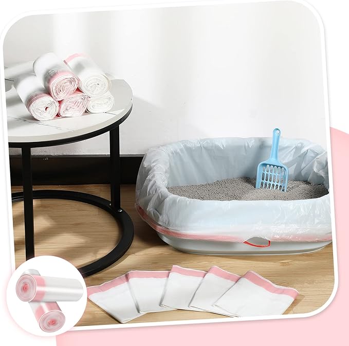 Sabary 80 Count Cat Litter Box Liners Jumbo Kitty Pan Bags with Drawstring Sturdy Hdpe Material for Cat Pet Waste Litter Box Tray, Pink, 36 x 18 Inch