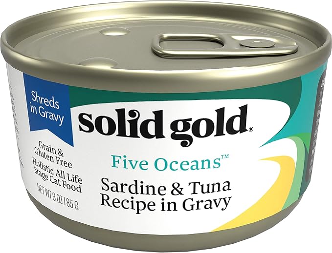 Solid Gold Wet Cat Food Shreds in Gravy - Canned Cat Food Made w/Real Tuna & Sardine - Five Oceans Grain Free 24ct/3oz Can
