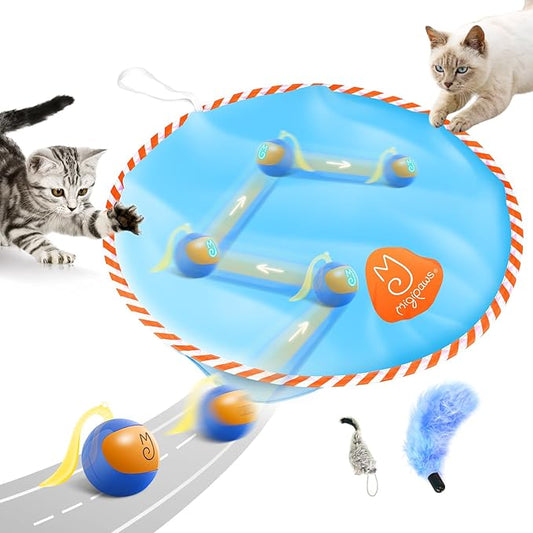 Migipaws Interactive Cat Ball Toy Set, Fun Tracker, Glowing Chase Ball with MystiChaser Pouch, Fluffy Tail, A Small Mice(Blue)