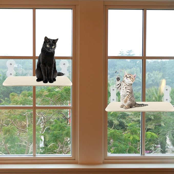 2 Pack Cat Window Perch Cordless Cat Window Hammock Foldable with 4 Suction Cups Solid Frame Breathable Mesh Cat Window Seat Cat Beds Foldable Lounger Kitten Shelf for Indoor Cats Rabbit