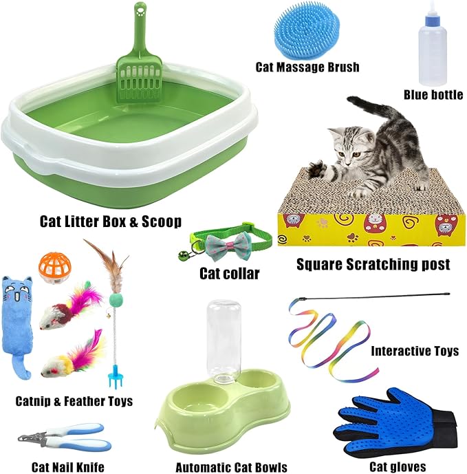 Kitten Starter Kit, 15 Piece Cat Essentials Set Includes Cat Litter Box,Cat Toys, Cat Collars,Cat Scratch Pad, cat Nail File,Automatic Cat Feed Bowls, Pet Grooming Gloves for Cats Daily Life(Green)