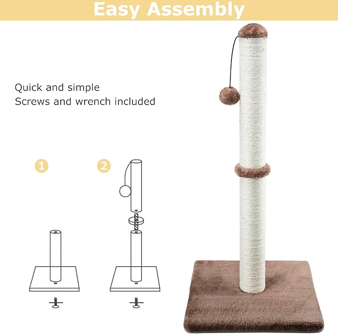 Dimaka 34" Tall Cat Scratching Post for Large Cats and Kittens, High Vertical Scratcher with Premium Natural Sisal Rope and Interactive Hanging Ball for Indoor Cats (Dark Brown, 34 inches)