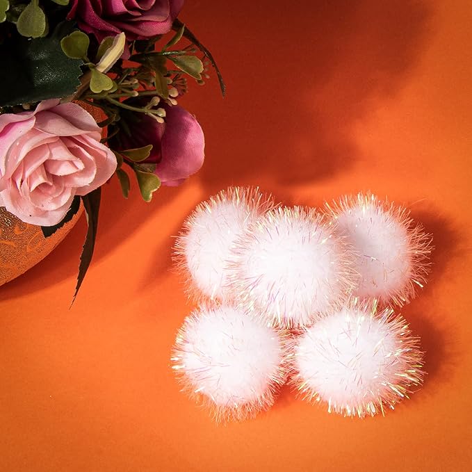 VAPKER 30 Pcs Cat Ball Toys Sparkle Balls Extra Large 2 Inch Cat's Favorite Chase Glitter Ball Glitter Tinsel Pom Poms Balls White Color