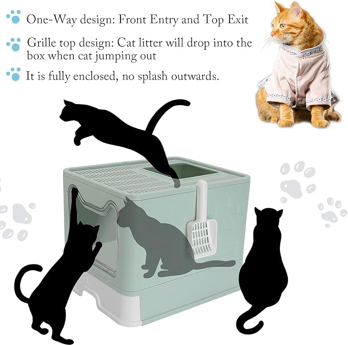 ROCCS Foldable Cat Litter Box with Lid,No Smell Large Top Entry Litter Box with Cat Litter Scoop,Covered Drawer Type Kitty Potty,Including Fur Brush & Cleaning Glove,Blue 20" x 16" x 15"
