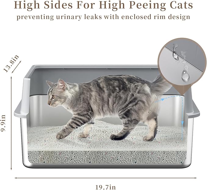 Stainless Steel Cat Litter Box with Lid,19.7”L x 13.8”W x 9.9”H Deep,Metal Litter Box with high Sides,with Litter Mat,Litter Scoop and Cat Toys,Non-Sticky,Anti-Leakage,No Smell,Easy Cleaning