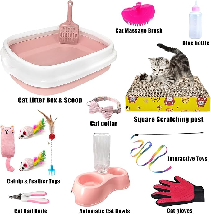 Kitten Starter Kit, 15 Piece Cat Essentials Set Includes Cat Litter Box,Cat Toys, Cat Collars,Cat Scratch Pad, Cat Nail File,Automatic Cat Feed Bowls, Pet Grooming Gloves for Cats (Pink)