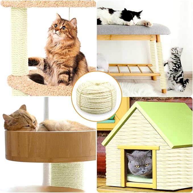 Sisal Rope for Cat Scratcher 1/4" Diameter 164 FT Cat Natural Sisal Rope for Repairing Cat Scratching Post Cat Tower Repair Rope Cat Tree Rope Replace Recovering and DIY