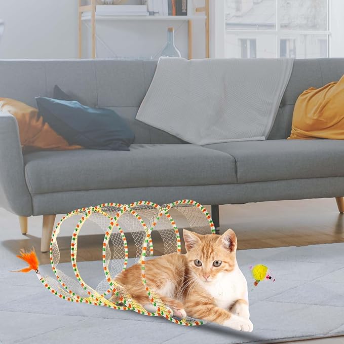 2pcs Cat Tunnels for Indoor Cat, S Type Folded Cat Tunnel Spring 10in Large Size Collapsible Spiral Cat Toy with Feather and Mouse Toy for Pet Puppy Kitten Interactive Exercise(Striped Yellow, Purple)
