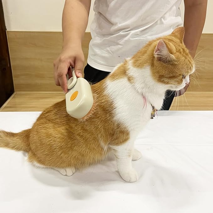 Long-Pin Spray Brush for Long Haired Cats & Dogs, 3-in-1 Design: Fur Remover, Massage and Clean, Steam Brush for Shedding, Steamy Dematting Brush For indoor Cats, Dogs and Rabbits (Khaqi)