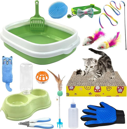 Kitten Starter Kit, 15 Piece Cat Essentials Set Includes Cat Litter Box,Cat Toys, Cat Collars,Cat Scratch Pad, cat Nail File,Automatic Cat Feed Bowls, Pet Grooming Gloves for Cats Daily Life(Green)