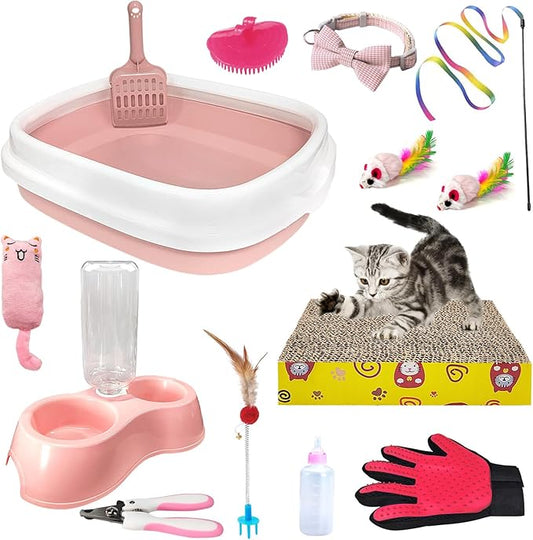 Kitten Starter Kit, 15 Piece Cat Essentials Set Includes Cat Litter Box,Cat Toys, Cat Collars,Cat Scratch Pad, Cat Nail File,Automatic Cat Feed Bowls, Pet Grooming Gloves for Cats (Pink)