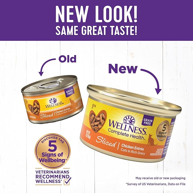 Wellness Complete Health Natural Grain Free Wet Canned Cat Food, Sliced Chicken Entree, 3 Ounce Can (Pack of 24)