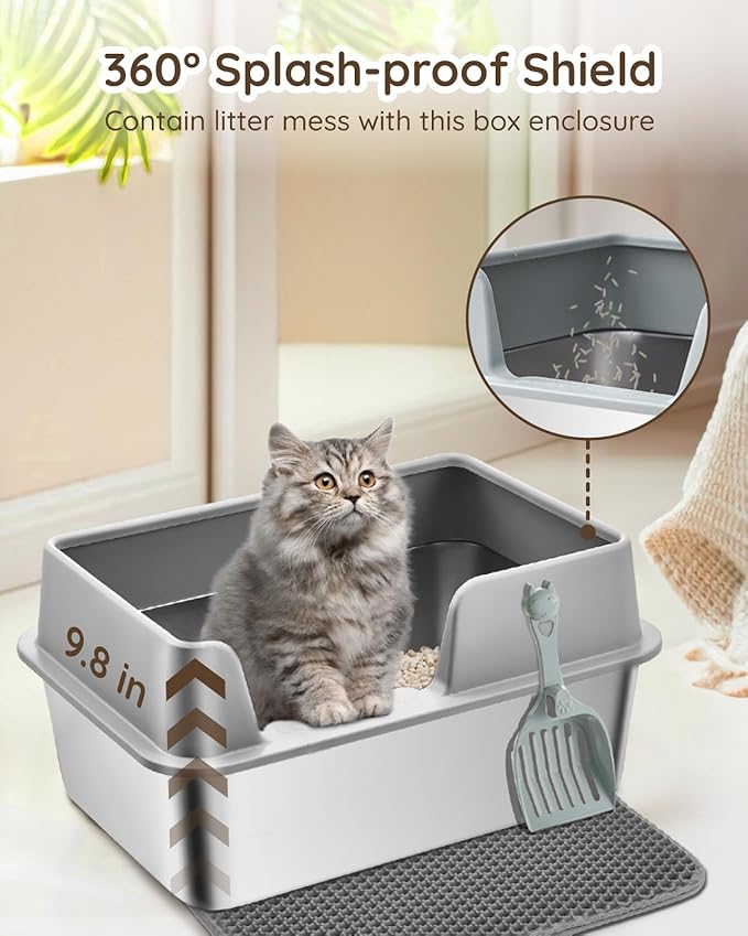 Stainless Steel Litter Box - Cat Metal Litter Box with Splash-Proof Lid, Easy Cleaning & Odor-Less Stainless Steel Cat Litter Box with Double Layer Litter Mat, Litter Scoop, Brush, 20” x14”