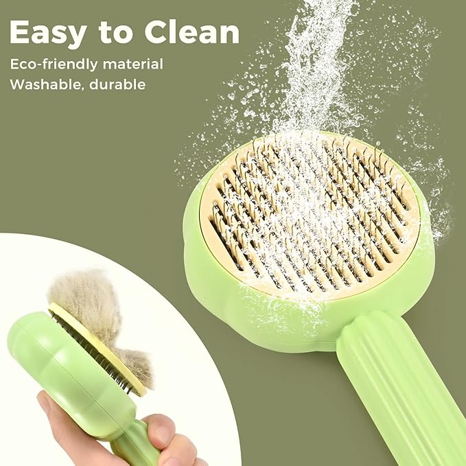 Sunflower Cat Brush for Shedding, Self Cleaning Cat Hair Brush, Pet Grooming Brush with Release Button for Short and Long Haired Cats Dogs (Green)