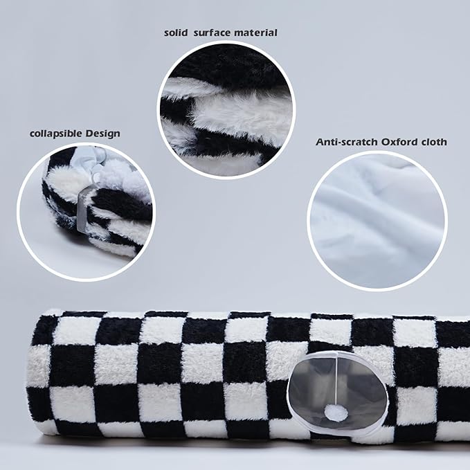 Luxurious Cat Tunnel,43" Straight Cat Tunnel Bed with Balls,Cat Toys for Indoor Cats,Collapsible Peekaboo Cat Cave for Kitten Toys(White and Black)