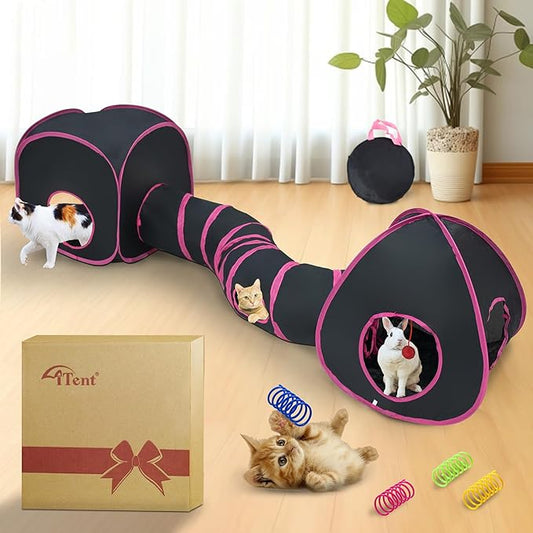 Cat Tunnels for Indoor Cats with Cube Tent Toys Combo, Pop Up Collapsible Crinkle Interactive Peek Hole, Cat Tube with Play Ball,Bell and Cat Spring Toys for Kitten, Puppy, Kitty, Rabbit - Set of 3