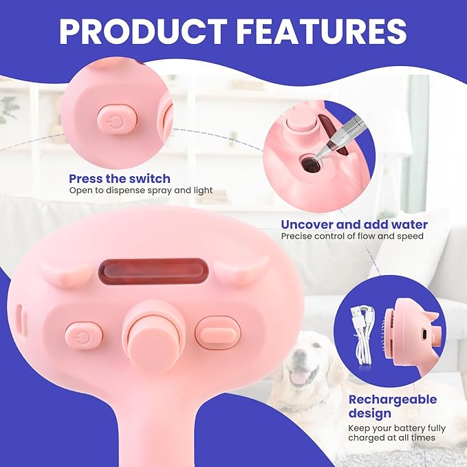 Cat Steam Brush, Pet Steamy Brushes for Indoor Cats & Dogs Shedding with Release Button, Self-Cleaning, Anti-Static Pets Hair Removal Comb for Furry Pet Grooming & Massage (PINK)
