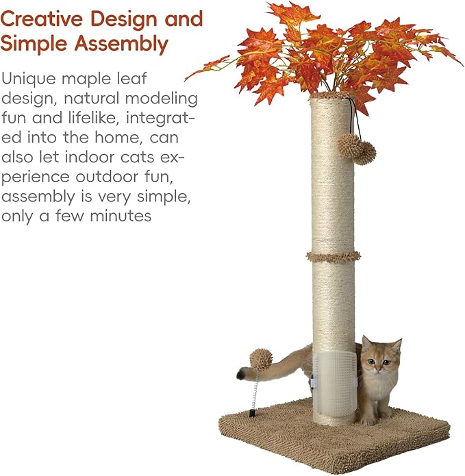 MECOOL Cat Scartching Post,35-inch Heavy Duty and Thicker Large Scartching Posts for Indoor Cats,Natural Sisal Rope and Hanging Ball Toy, Self-Grooming Brush,Beige