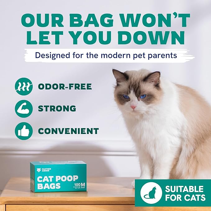 Panther Armor Cat Litter Bags for Poop - 100x Unscented Pet Waste Bags, 13x9in Leak Proof Kitty Litter Bags - Odor Proof, Easy Open Dispenser Box of Cat Poop Bags