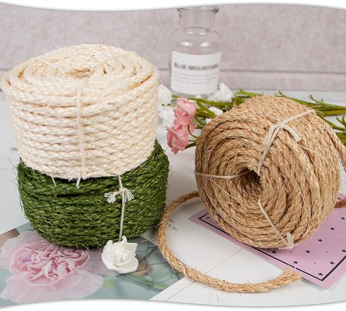 Sisal Rope for Cat Scratcher 1/4 Inch 50 Feet Cat Tree Rope Replacement Natural Hemp Rope, Thick Cat Scratching Post Rope for Indoor/Outdoor, Repairing, Recovering, DIY Scratcher (Green)