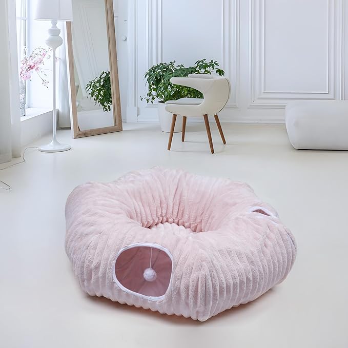 Cat Tunnel Bed,Cat Tunnel Bed with Soft Central Cat Couch,Cat Toys for Indoor Cats,Collapsible Peekaboo Cat Cave,Cat Donut Tunnel and Kitty Toy Set(Pink Stripe,Donut)