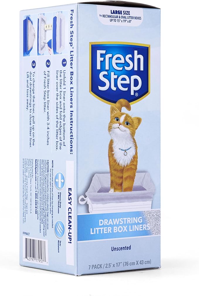 Fresh Step Drawstring Cat Litter Box Liners, Unscented, Size Large, 30" x 17" - 7 Count | Kitty Litter Bags, Cat Litter Liners for All Cats to Keep Your Home Clean