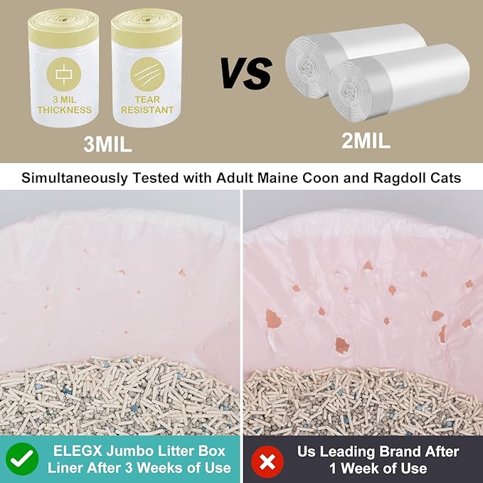 ELEGX 40 Count Litter Box Liners,HDPE Material 3MIL Extra Thick Heavy Duty 46" x 18" Jumbo Drawstring Cat String Liners,Compatible with Nature's Miracle/Petmate/Van Ness/IRIS,Tear & Leak Resistant