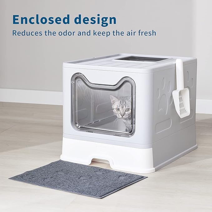 Cat Litter Box with Litter Mat and Scoop, Large Foldable Litter Box with Lid, Front Entry Top Exit Kitty Litter Box, Odor Control Easy Clean (Grey)