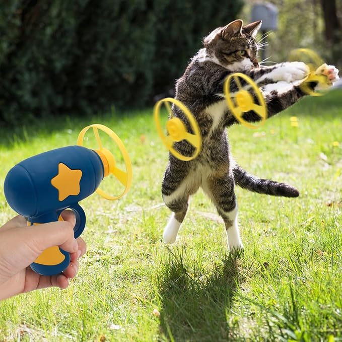 Andiker Cat Fetch Toy, Interactive Cat Flying Disc Launcher Toy with 5 Colorful Flying Propellers for Cat Enrichment, Flying Saucer Toy for Cat for Training and Chasing (Blue)