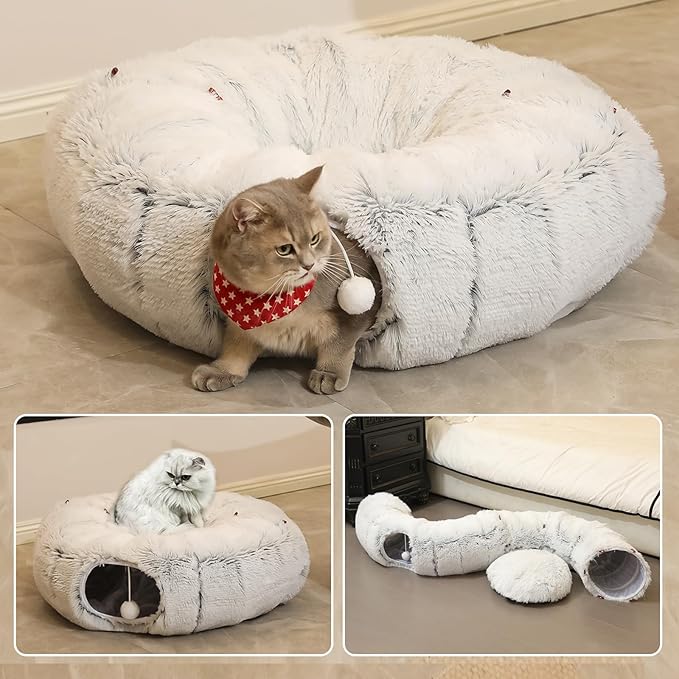 Warmer Plush Cat Play Tunnel Grey With Cat Bed For Indoor Cats Soft Plush Material Tubular Playground Toys Collapsible Multifunctional Cat Toys For Small Medium Large Cat Puppy Cat Play Tunnels (Grey)