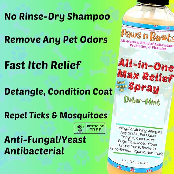 Dry Shampoo - All-in-One Max Relief Spray – Probiotic Antioxidant Rich Itch Relief, Remove Pet Odor, Repel, Clean, Condition. Pet Safe, USA Made. Non-Toxic, All-Natural Plant-Based Formula. Mint