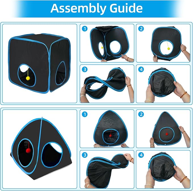 Cat Tunnels for Indoor Cats, Cat Tent, Cat Cube and Feather Cat Toy Collapsible Combo, with Interactive Cat Toy Ball, Cat Toy Set for Indoor Cat, Ferret, Guinea Pig, Rabbit, Bunny, Blue