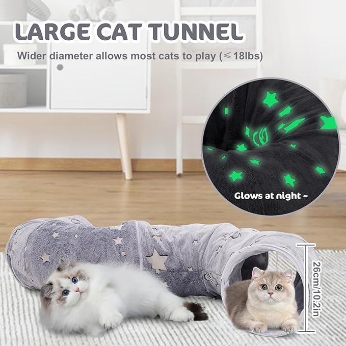 Cat Tunnel Bed 3 FT Collapsible Cat Tunnels, Cat Donut Tube with Fluffy Toy Balls, Pom Pom Ball & Cat Mice Cat Toy, Self-Luminous Peekaboo Cat Cave for Large Cats, Small Animals, Puppy, Kitten