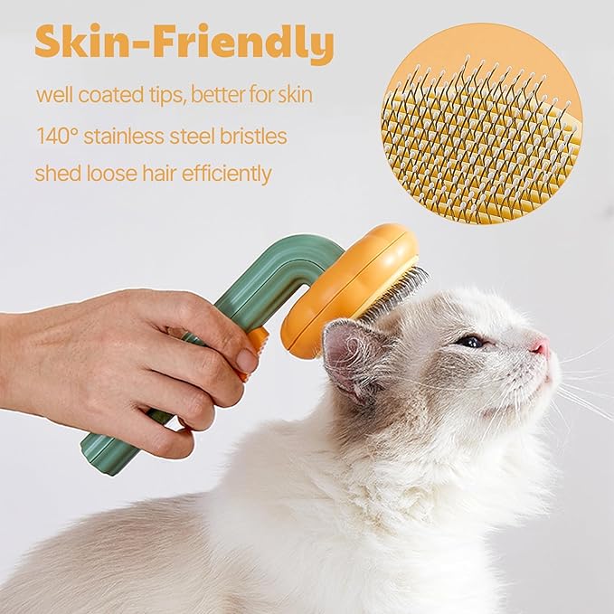 Pumpkin Cat Dog Brush, Self Cleaning, for Shedding, Pet Grooming Brush for Short and Long Haired Cats Dogs, Green
