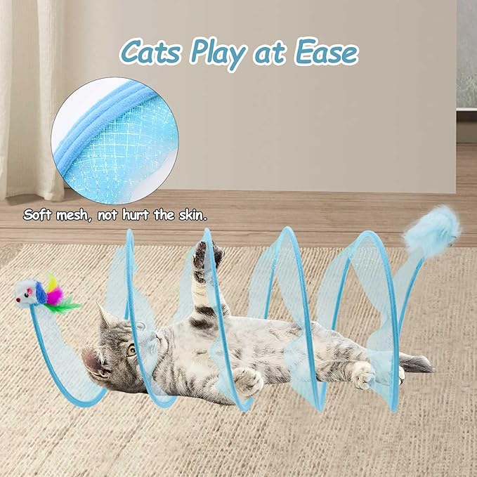 1PCS Folded Cat Tunnel Toy, Cat Tunnel Mice Tube Cat Springs for Indoor with Feather, Mouse Toys Interactive Cat Toy Tunnel Self-Happy Cat Toys, S-Type Collapsible Tent Blue