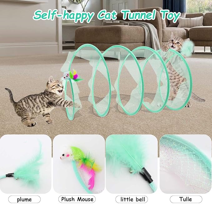 Cat Tunnel, 1PCS Folded Cat Tunnel Toy, Yellow Kitten Tube Cat Springs for Indoor with Feather, Mouse Toys Interactive Cat Toy Tunnel Self-Happy Cat Toys, S-Type Collapsible Tent Cyan