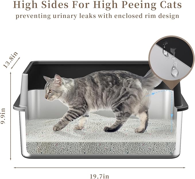 Stainless Steel Cat Litter Box with Lid,19.7”L x 13.8”W x 9.9”H Deep,Metal Litter Box with high Sides,with Litter Mat,Litter Scoop and Cat Toys,Non-Sticky,Anti-Leakage,No Smell,Easy Cleaning
