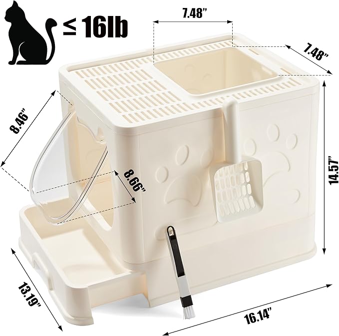 Vealind Covered Cat Litter Box with Sifting Lid, Kitty Litter Box Enclosure, Top Entry Enclosed Litter Box with Litter Scooper and Brush, Easy Clean Hooded Travel Litter Box for Cats, Beige Litter Box