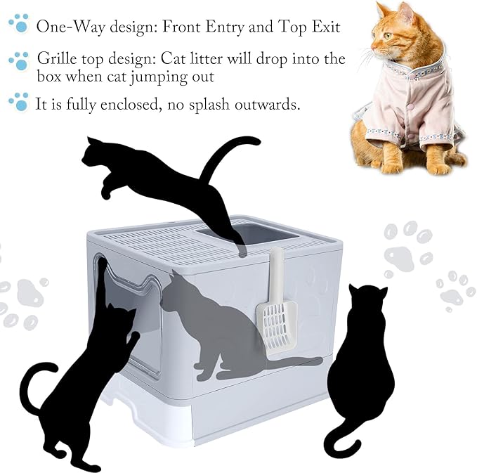 ROCCS Foldable Cat Litter Box with Lid,No Smell Large Top Entry Litter Box with Cat Litter Scoop,Covered Drawer Type Kitty Potty,Including Fur Brush & Cleaning Glove,Grey 20" x 16" x 15"