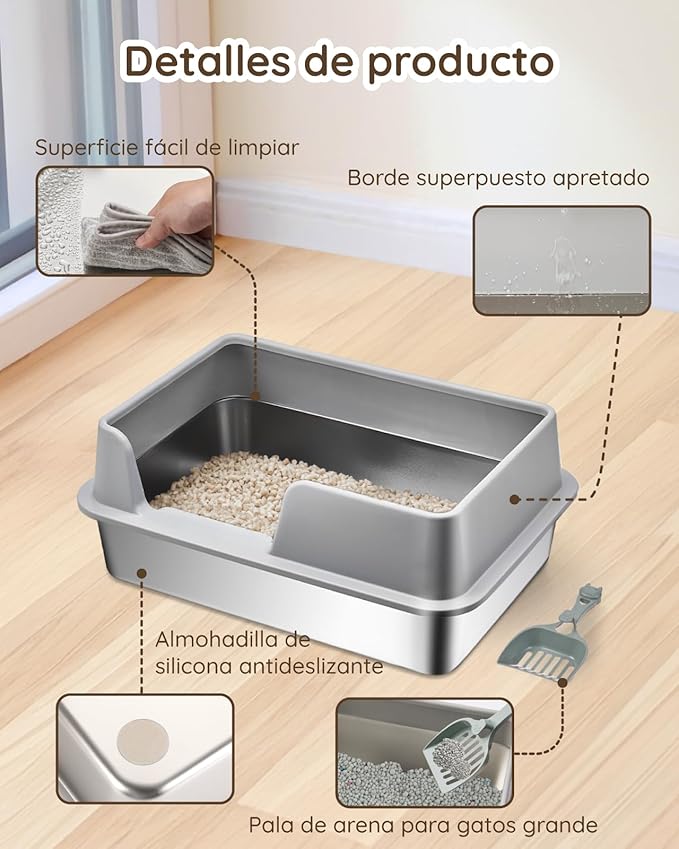 Stainless Steel Litter Box - Cat Metal Litter Box with Splash-Proof Lid, Easy Cleaning & Odor-Less Stainless Steel Cat Litter Box with Double Layer Litter Mat, Litter Scoop, Brush, 20” x14”