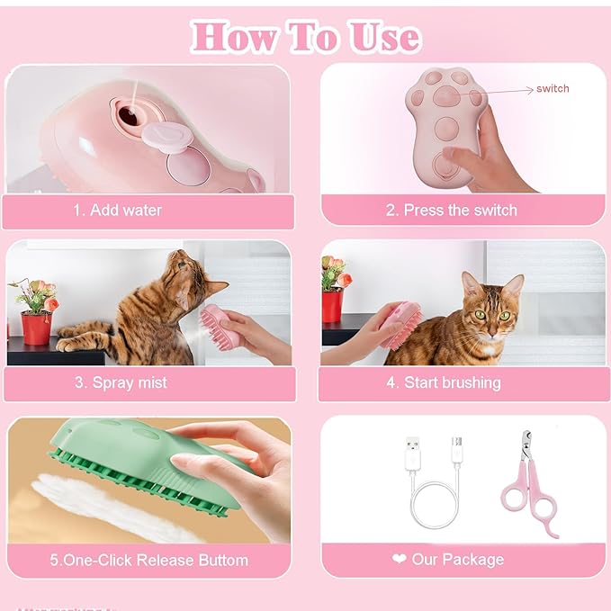 Cat Steam Brush,4 in 1 Spray Cat Brush, Pets Grooming Brush for Shedding, Portable Pet Hair Removal Tool For Cats and Dogs, Pets Steamy Brush,Pink