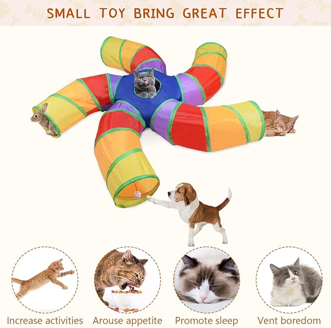 Cat Tunnels for Indoor Cats, 5 Way Cat Tubes and Tunnels Collapsible S-Shaped Cat Toys, Kitty Tunnels with Play Ball, Interactive Pet Tube Toys for Puppy, Kitty, Kitten, Rabbit, Multicolor