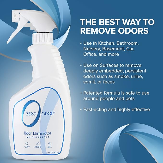 Zero Odor – Multi-Purpose Odor Eliminator - Air & Surface Odor – Patented Technology for Bathroom, Kitchen, Fabric, Closet- Smell Great Again, 16oz
